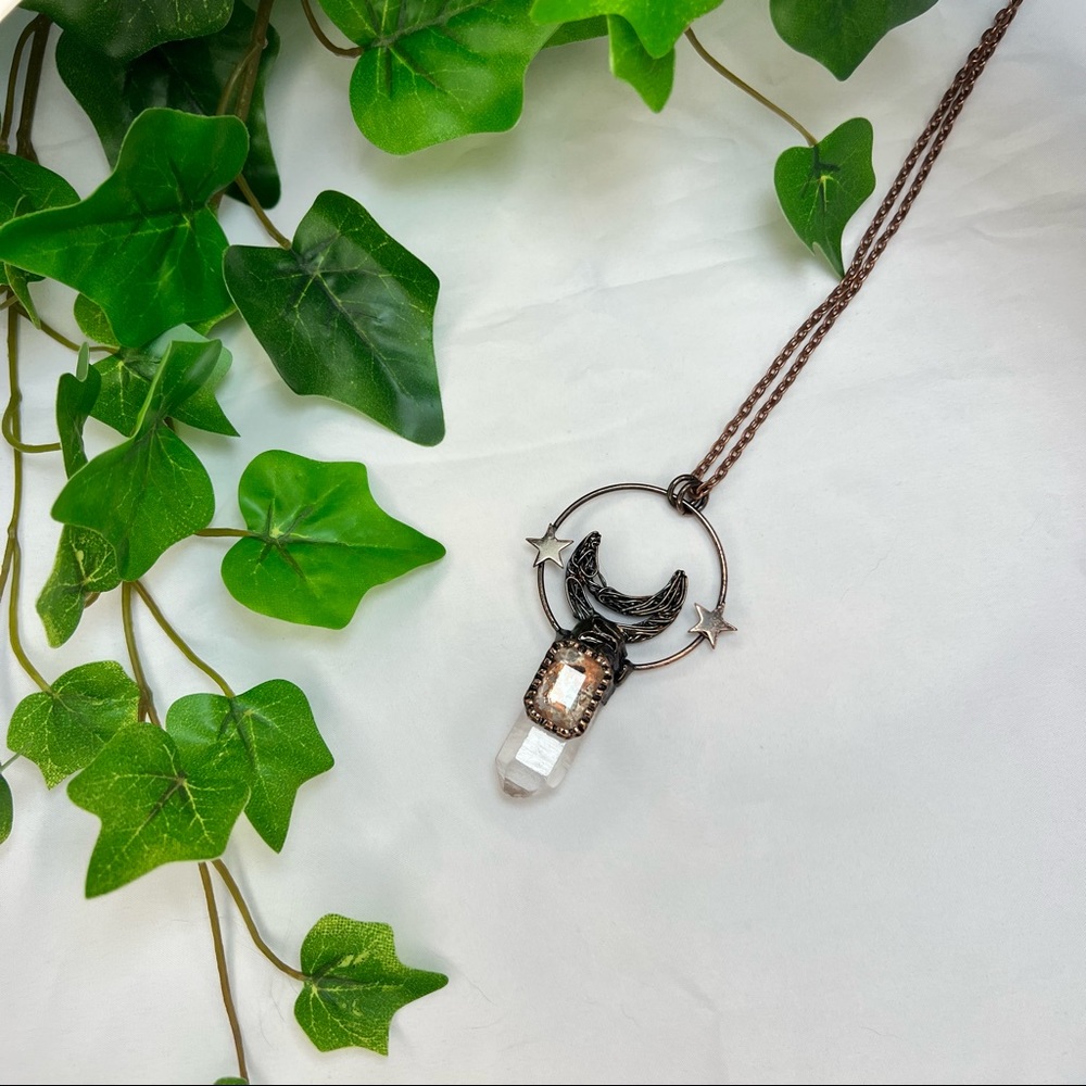 Moon & Stars Quartz Crystal Point Necklace